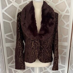 Elegant Brown Faux Fur Detachable Collar Jacket